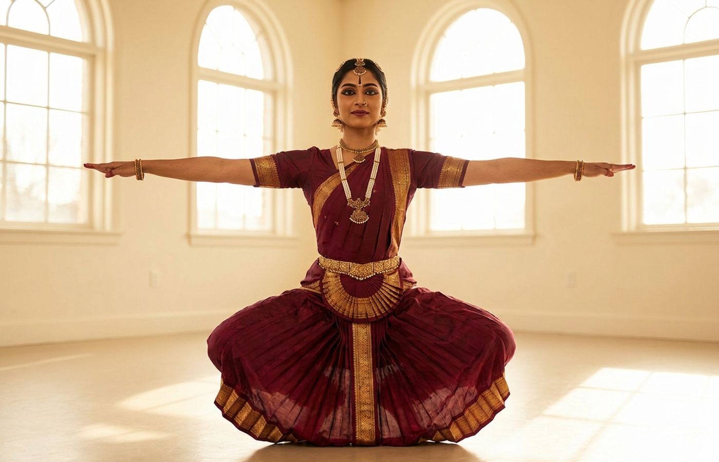 Bharatanatyam dancer in a maroon and gold costume holding the aramandi stance with arms extended in natyarambham.