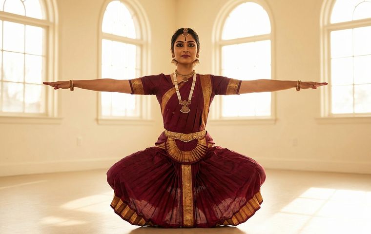 Bharatanatyam dancer in a maroon and gold costume holding the aramandi stance with arms extended in natyarambham.