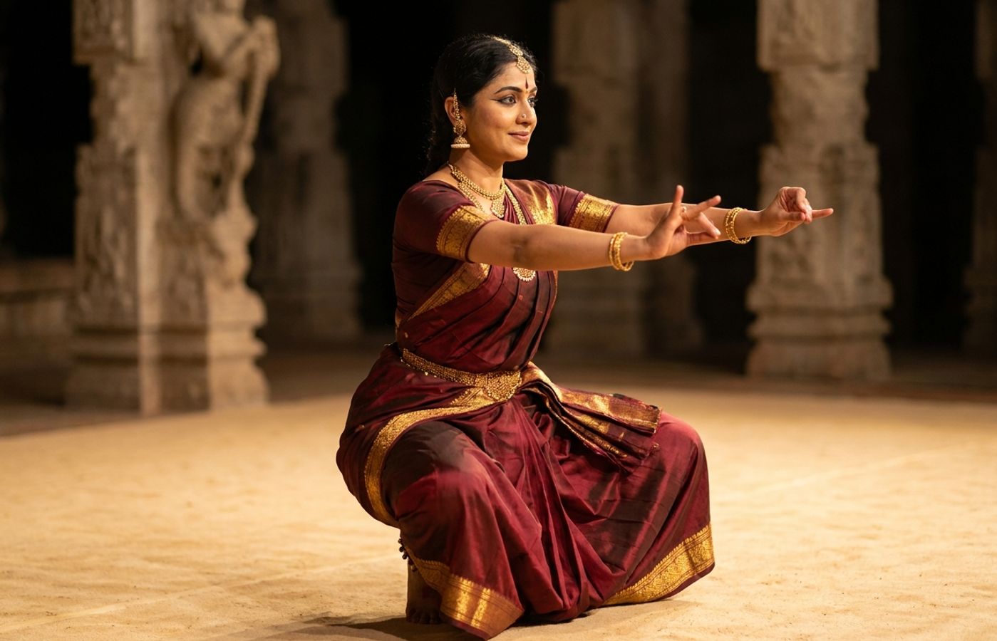 Bharatanatyam dancer holding a deep aramandi stance in a maroon and gold costume, showing the clean lines that distinguish one bani from another.