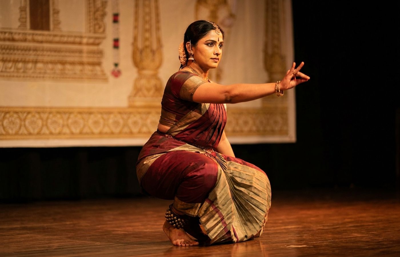 Bharatanatyam dancer in deep aramandi performing a varnam on a warm-lit stage in maroon and gold costume