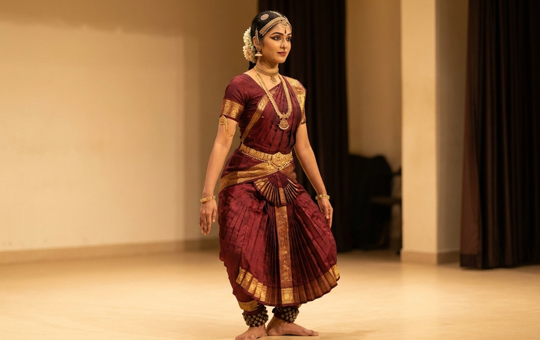 Bharatanatyam dancer in aramandi wearing a maroon and gold silk costume with temple jewellery and salangai ankle bells