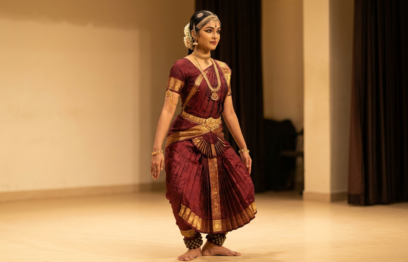 Bharatanatyam dancer in aramandi wearing a maroon and gold silk costume with temple jewellery and salangai ankle bells