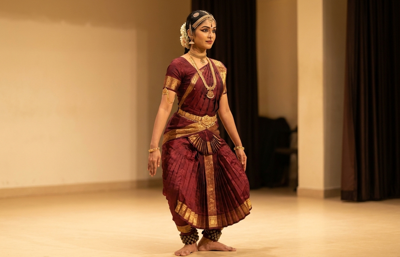 Bharatanatyam dancer in aramandi wearing a maroon and gold silk costume with temple jewellery and salangai ankle bells