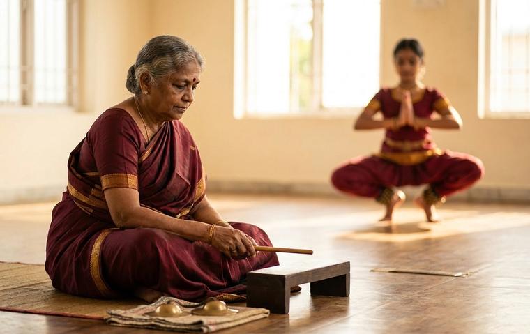 A Bharatanatyam guru keeping tala on a wooden thattupalagai with a thattukazhi while a student holds aramandi in the background