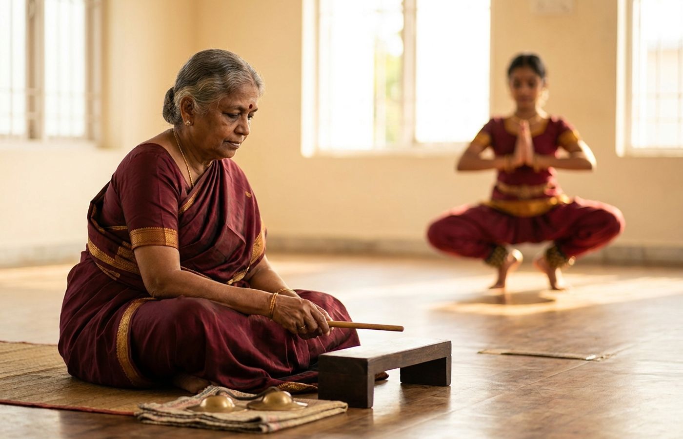 A Bharatanatyam guru keeping tala on a wooden thattupalagai with a thattukazhi while a student holds aramandi in the background