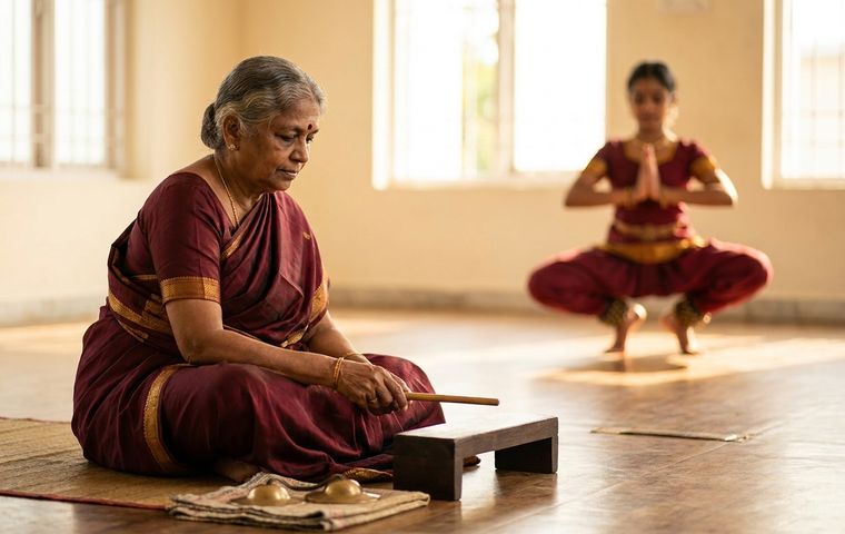 A Bharatanatyam guru keeping tala on a wooden thattupalagai with a thattukazhi while a student holds aramandi in the background