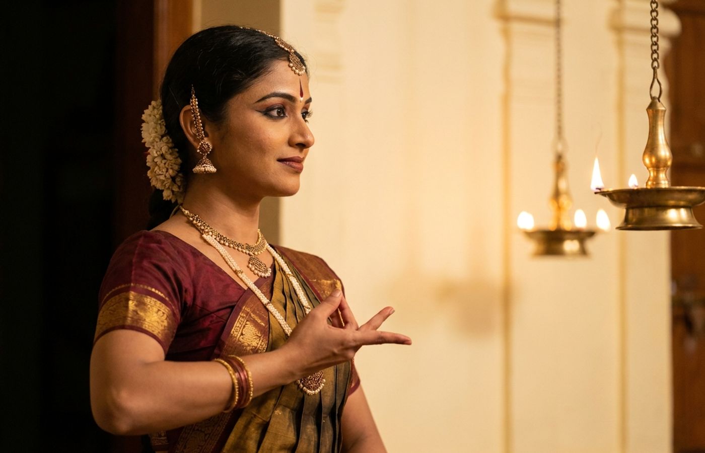 Bharatanatyam dancer in maroon and gold costume forming a graceful hand mudra