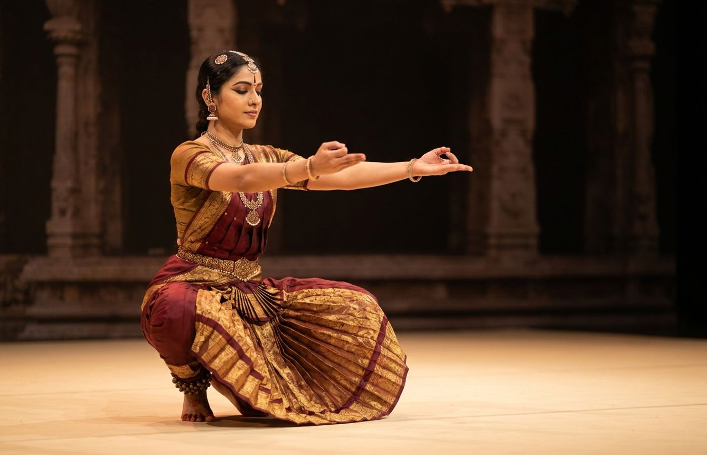 Bharatanatyam dancer holding a deep aramandi posture in maroon and gold costume on a warm lit stage