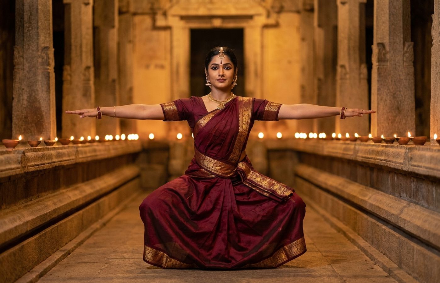 A Bharatanatyam dancer in a deep aramandi holding a strong tandava line in a lamp lit temple hall.