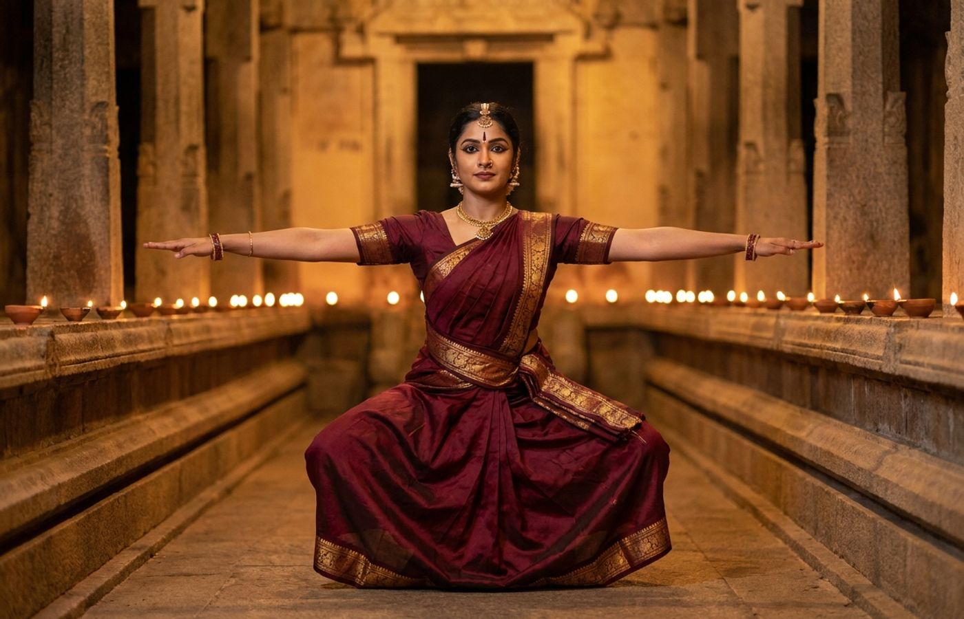 A Bharatanatyam dancer in a deep aramandi holding a strong tandava line in a lamp lit temple hall.