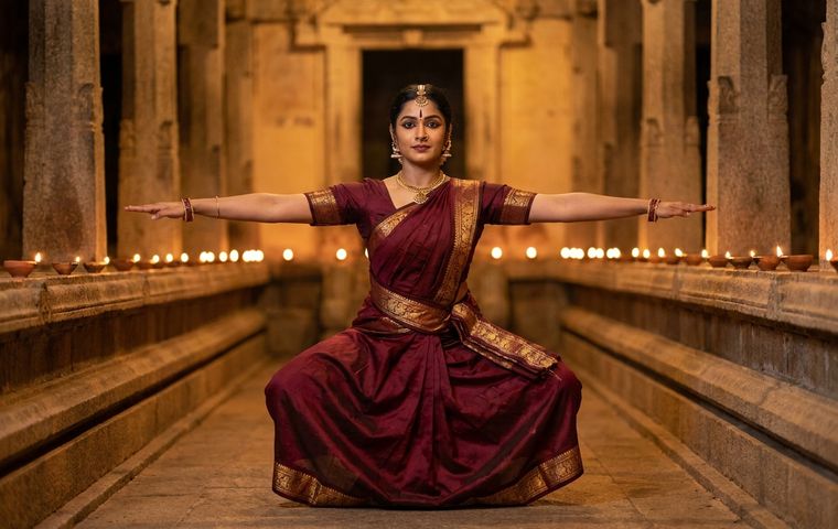 A Bharatanatyam dancer in a deep aramandi holding a strong tandava line in a lamp lit temple hall.