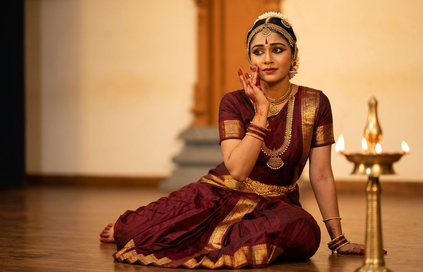 Bharatanatyam dancer in maroon and gold costume performing abhinaya during a padam, her expression and hand gesture caught in warm lamp light