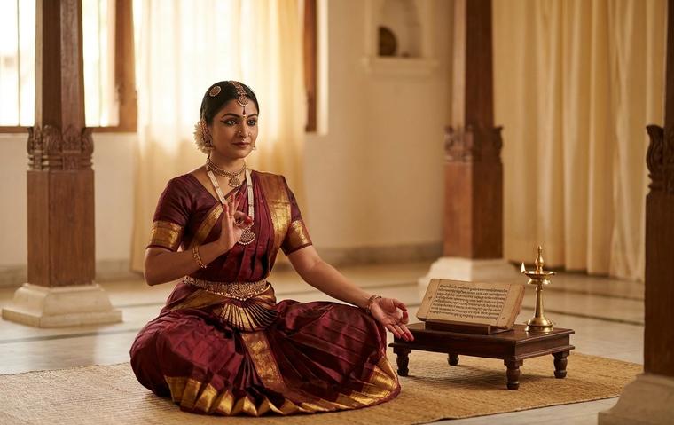 Bharatanatyam dancer in maroon and gold costume seated beside an open palm-leaf Sanskrit manuscript and brass lamp in a warm traditional hall