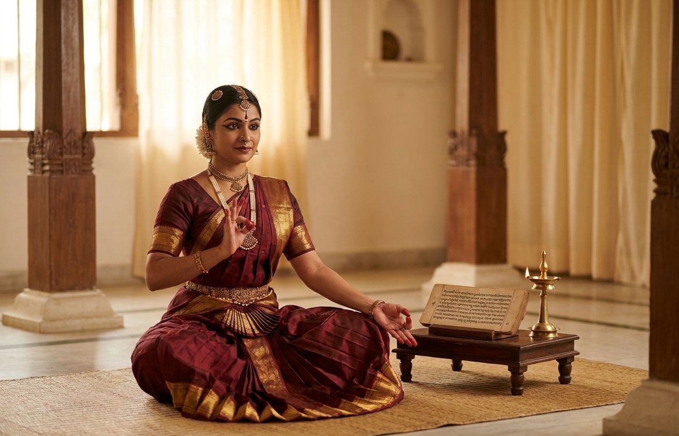 Bharatanatyam dancer in maroon and gold costume seated beside an open palm-leaf Sanskrit manuscript and brass lamp in a warm traditional hall