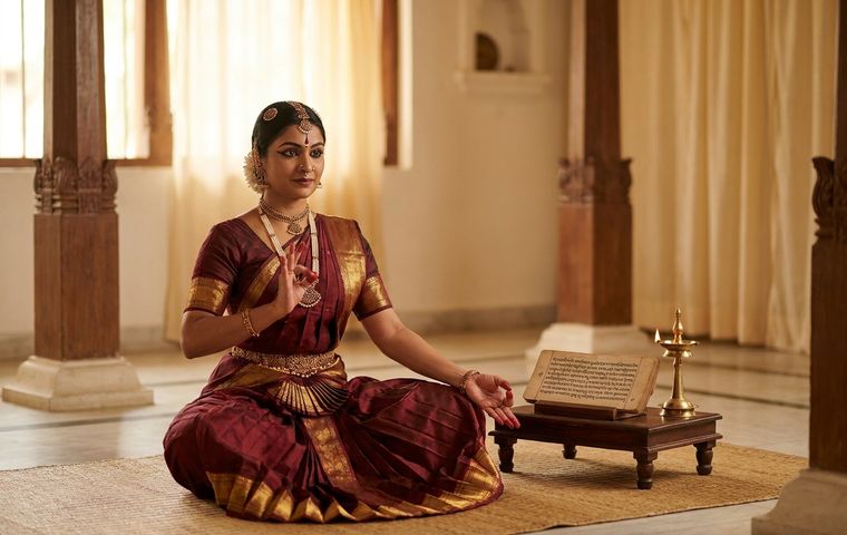 Bharatanatyam dancer in maroon and gold costume seated beside an open palm-leaf Sanskrit manuscript and brass lamp in a warm traditional hall