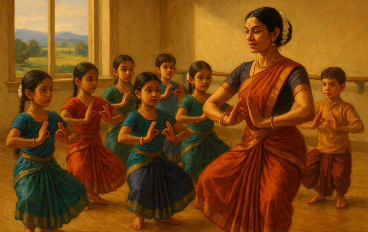 Children learning Bharatanatyam with a teacher in a bright, welcoming studio in Lexington, Kentucky.