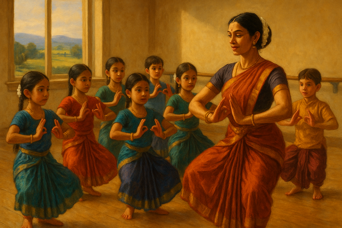 Children learning Bharatanatyam with a teacher in a bright, welcoming studio in Lexington, Kentucky.