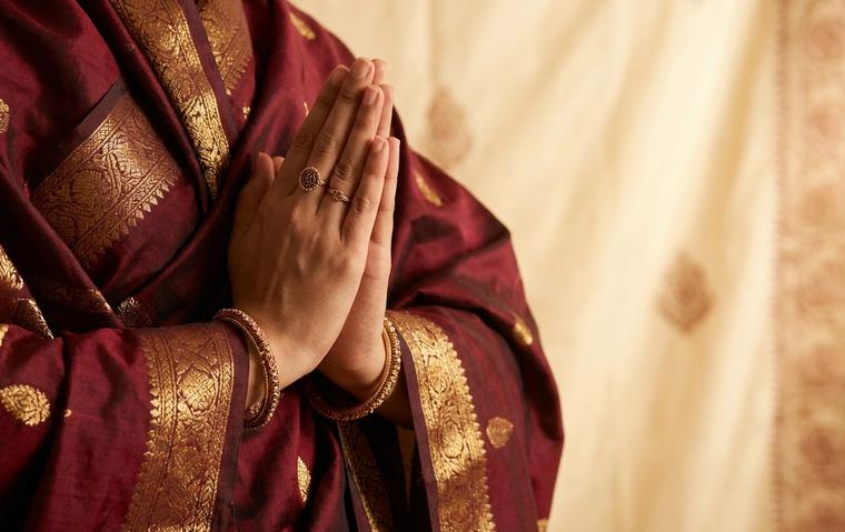 Bharatanatyam dancer's hands forming the Anjali samyukta hasta, palms joined in salutation