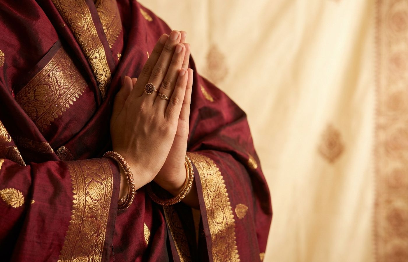 Bharatanatyam dancer's hands forming the Anjali samyukta hasta, palms joined in salutation