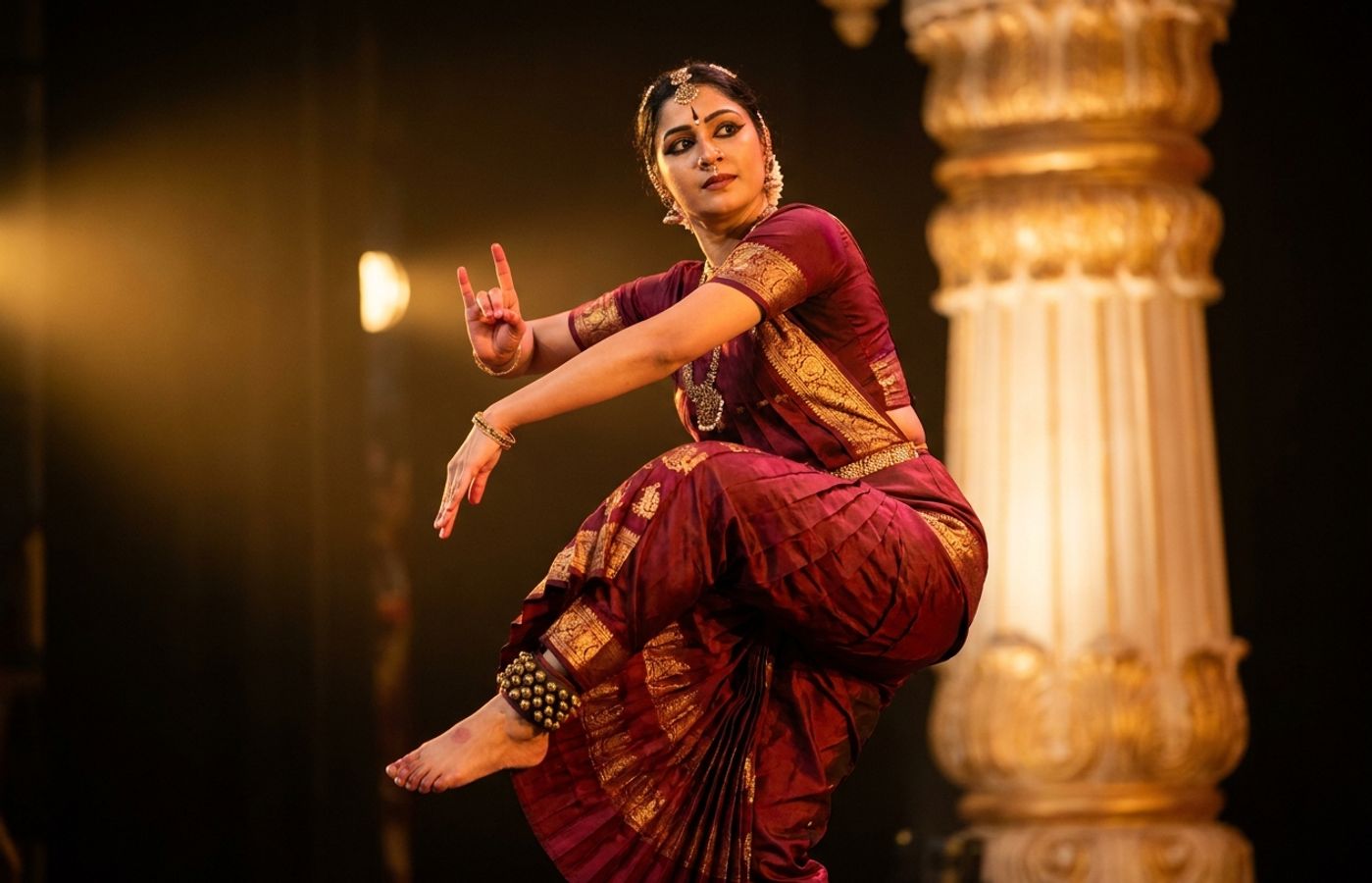 Bharatanatyam dancer in maroon and gold costume holding a sculpturesque thillana pose on a warmly lit stage