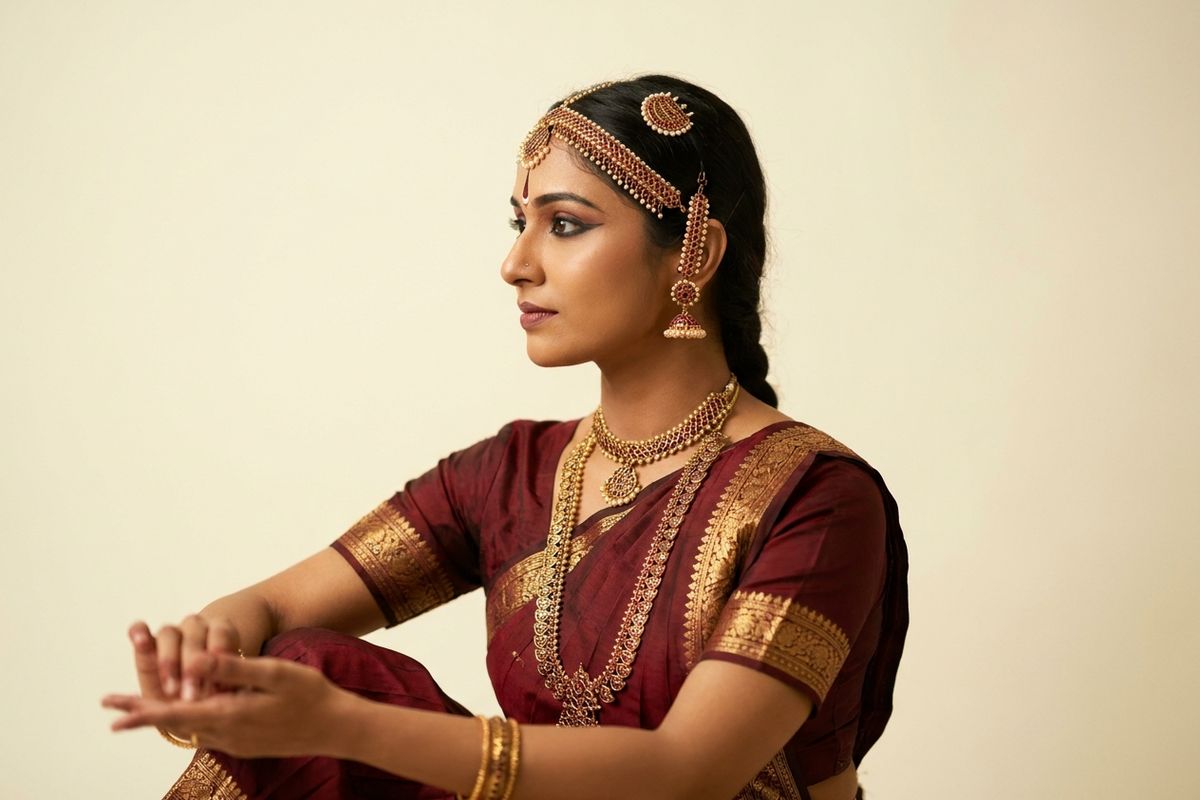 Bharatanatyam dancer wearing traditional gold and red temple jewellery in a maroon and gold costume