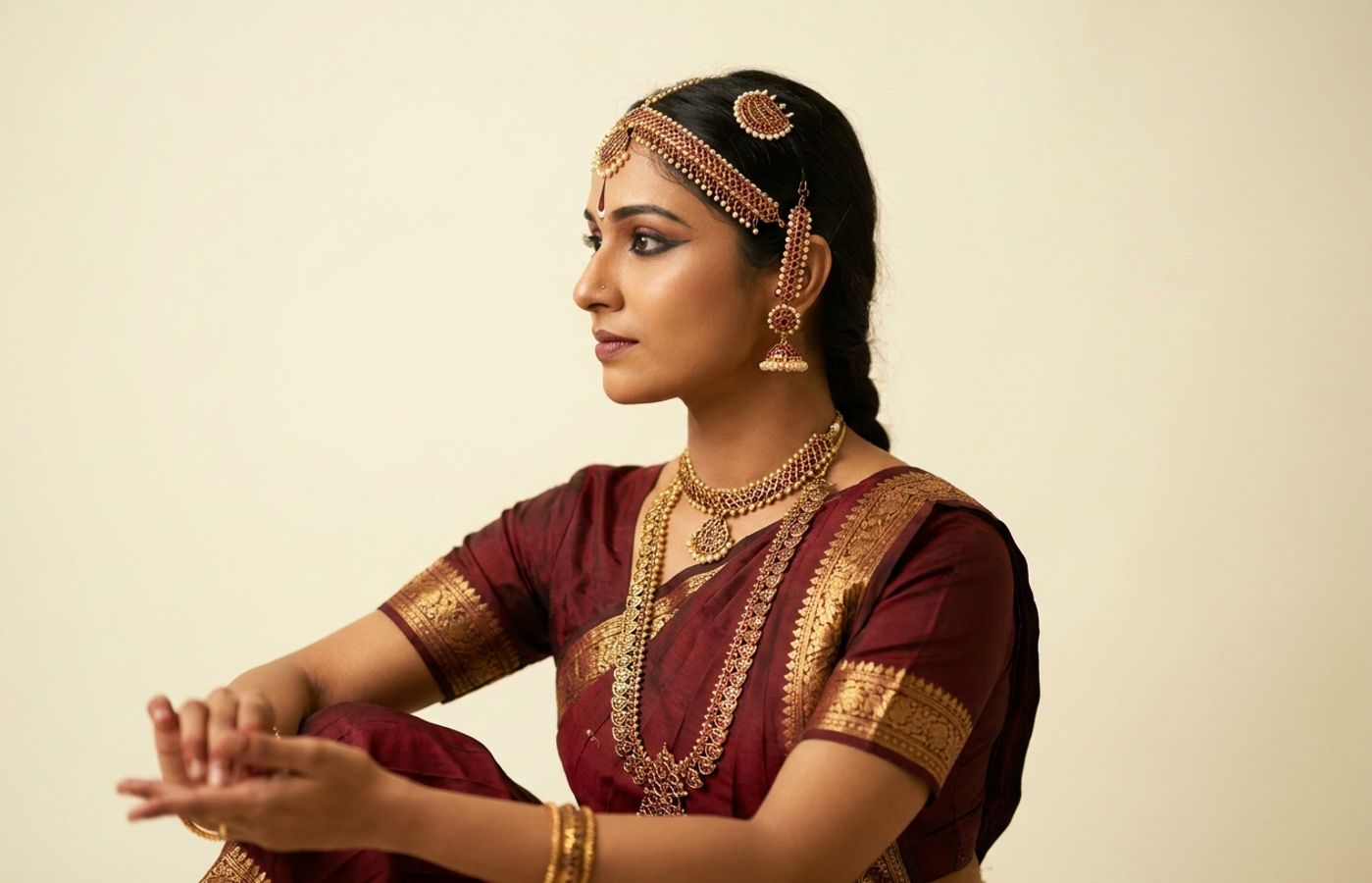 Bharatanatyam dancer wearing traditional gold and red temple jewellery in a maroon and gold costume