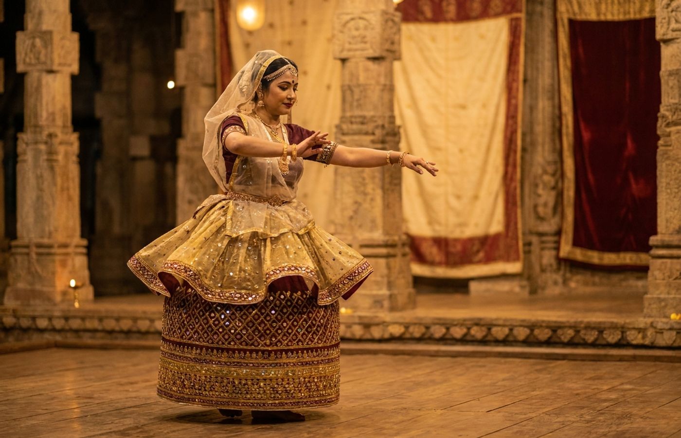 Manipuri classical dancer in a decorated barrel-shaped kumil skirt and veil performing a graceful pose