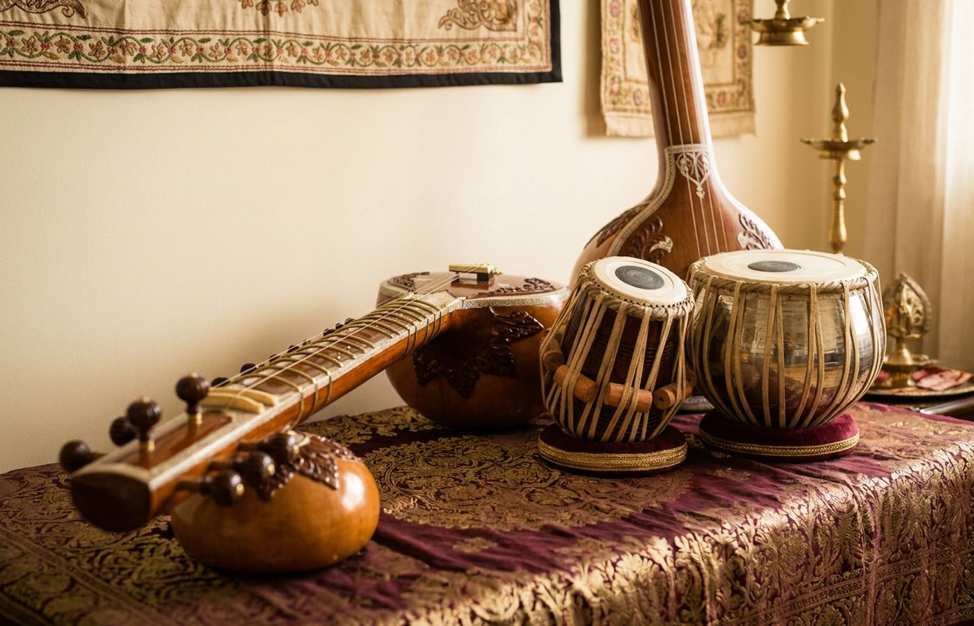 Hindustani classical music instruments including a sitar, tabla, and tanpura arranged on a warm maroon and gold textile.