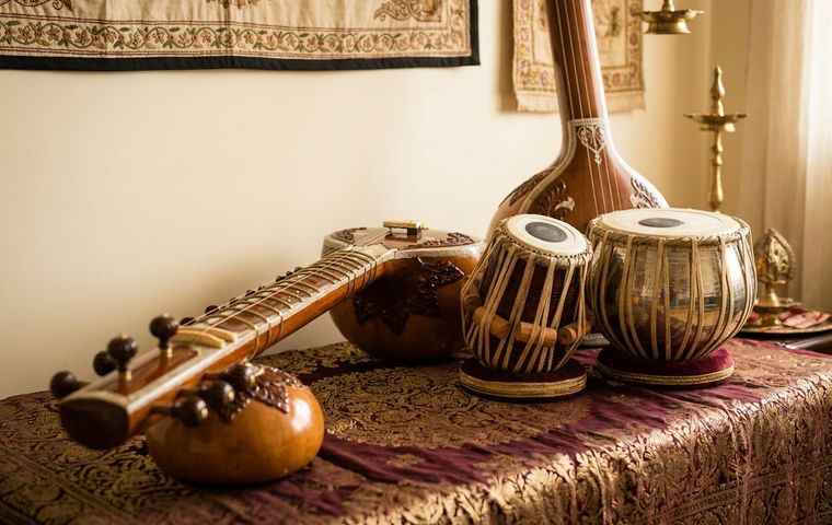 Hindustani classical music instruments including a sitar, tabla, and tanpura arranged on a warm maroon and gold textile.