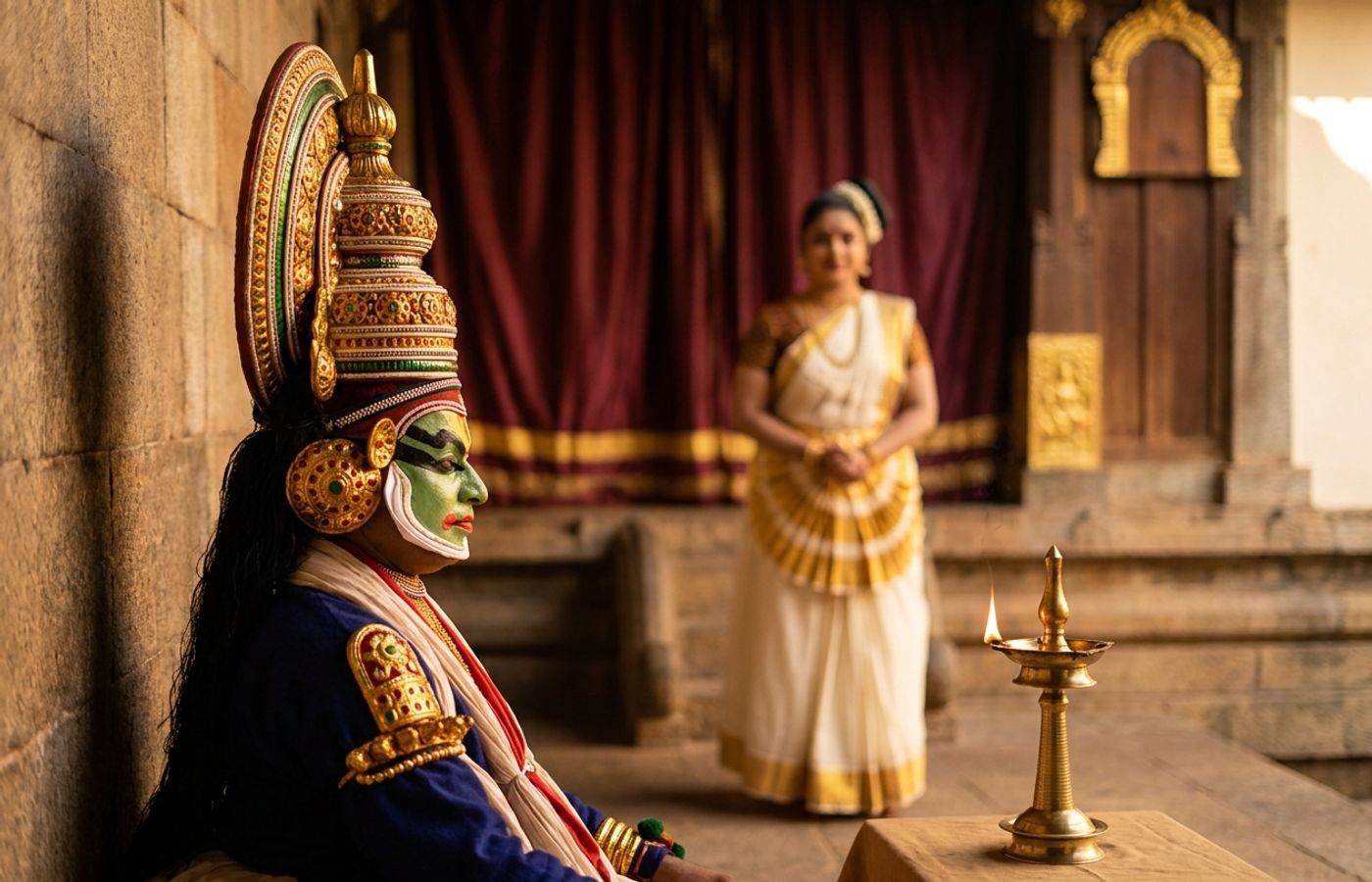 A Kathakali performer in green pacha makeup and traditional headgear beside a Mohiniyattam dancer in a gold bordered kasavu costume in a lamp lit temple courtyard