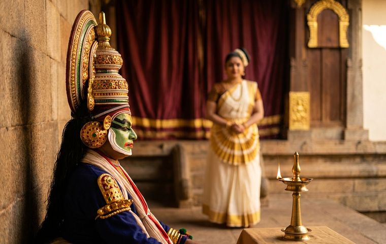 A Kathakali performer in green pacha makeup and traditional headgear beside a Mohiniyattam dancer in a gold bordered kasavu costume in a lamp lit temple courtyard