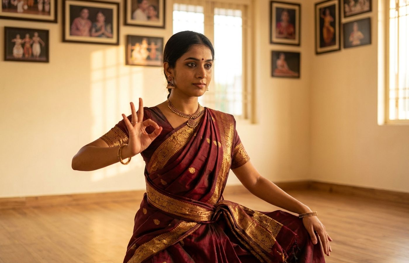 Bharatanatyam dancer in maroon and gold costume holding a single hand asamyukta hasta gesture