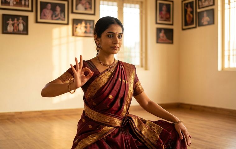 Bharatanatyam dancer in maroon and gold costume holding a single hand asamyukta hasta gesture