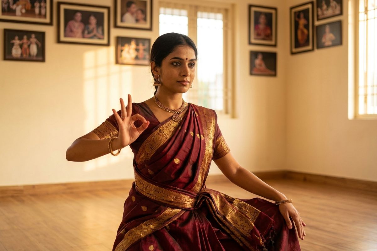 Bharatanatyam dancer in maroon and gold costume holding a single hand asamyukta hasta gesture