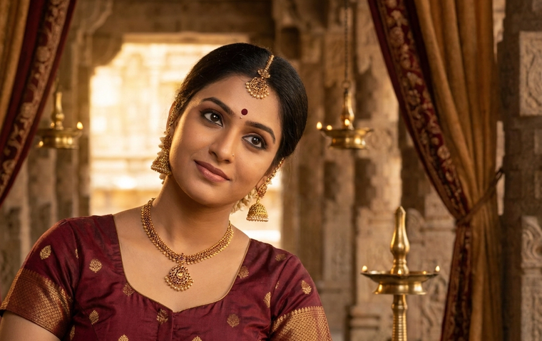 Bharatanatyam dancer demonstrating a shiro bheda head movement, head gently tilted, in a maroon and gold costume.