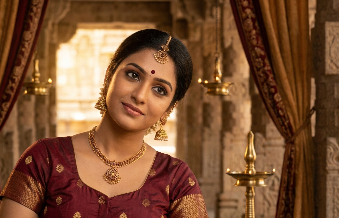 Bharatanatyam dancer demonstrating a shiro bheda head movement, head gently tilted, in a maroon and gold costume.