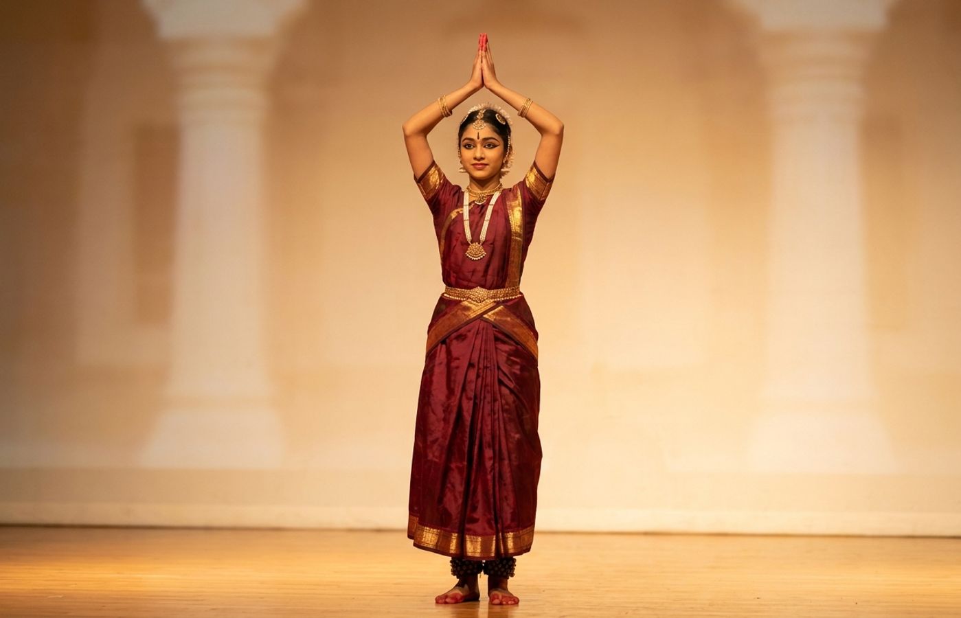 Bharatanatyam dancer in maroon and gold costume standing with palms joined above the head in anjali hasta at the start of an alarippu