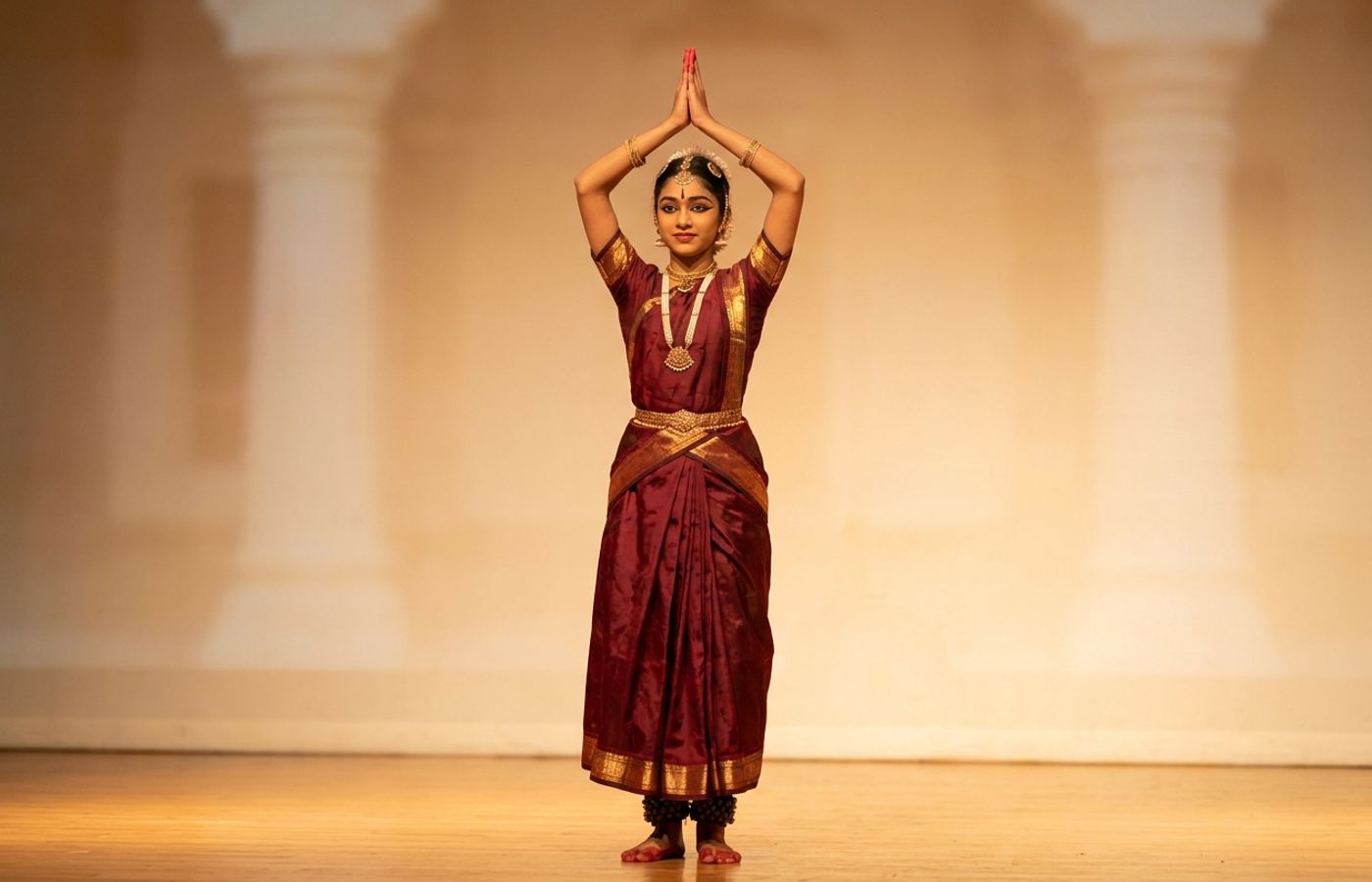 Bharatanatyam dancer in maroon and gold costume standing with palms joined above the head in anjali hasta at the start of an alarippu