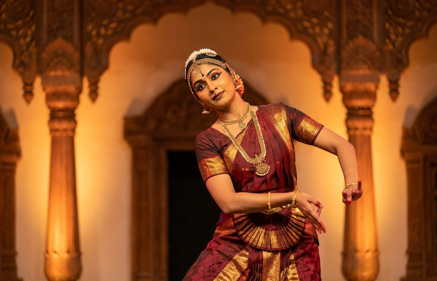 A Bharatanatyam dancer in maroon and gold demonstrating a graceful neck movement of griva bheda on a warm, softly lit stage.