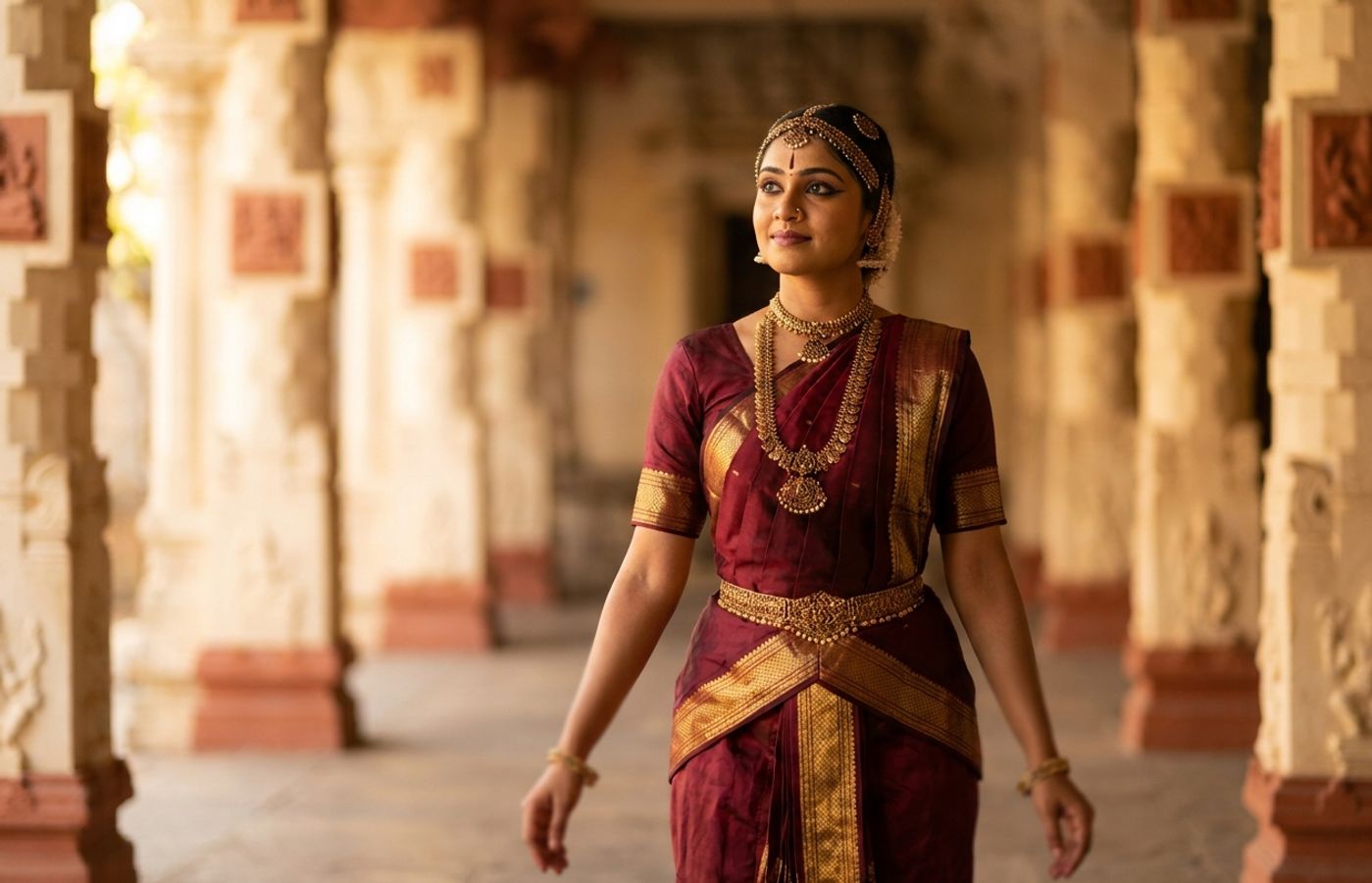 Bharatanatyam dancer in maroon and gold costume expressing a rasa through her eyes and face in warm temple lighting