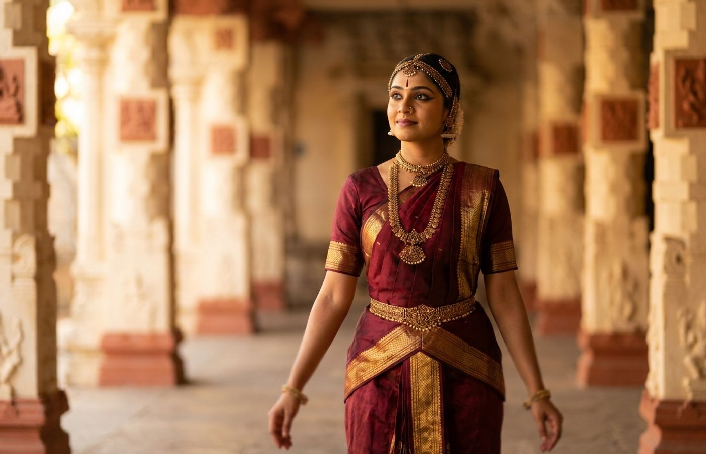 Bharatanatyam dancer in maroon and gold costume expressing a rasa through her eyes and face in warm temple lighting