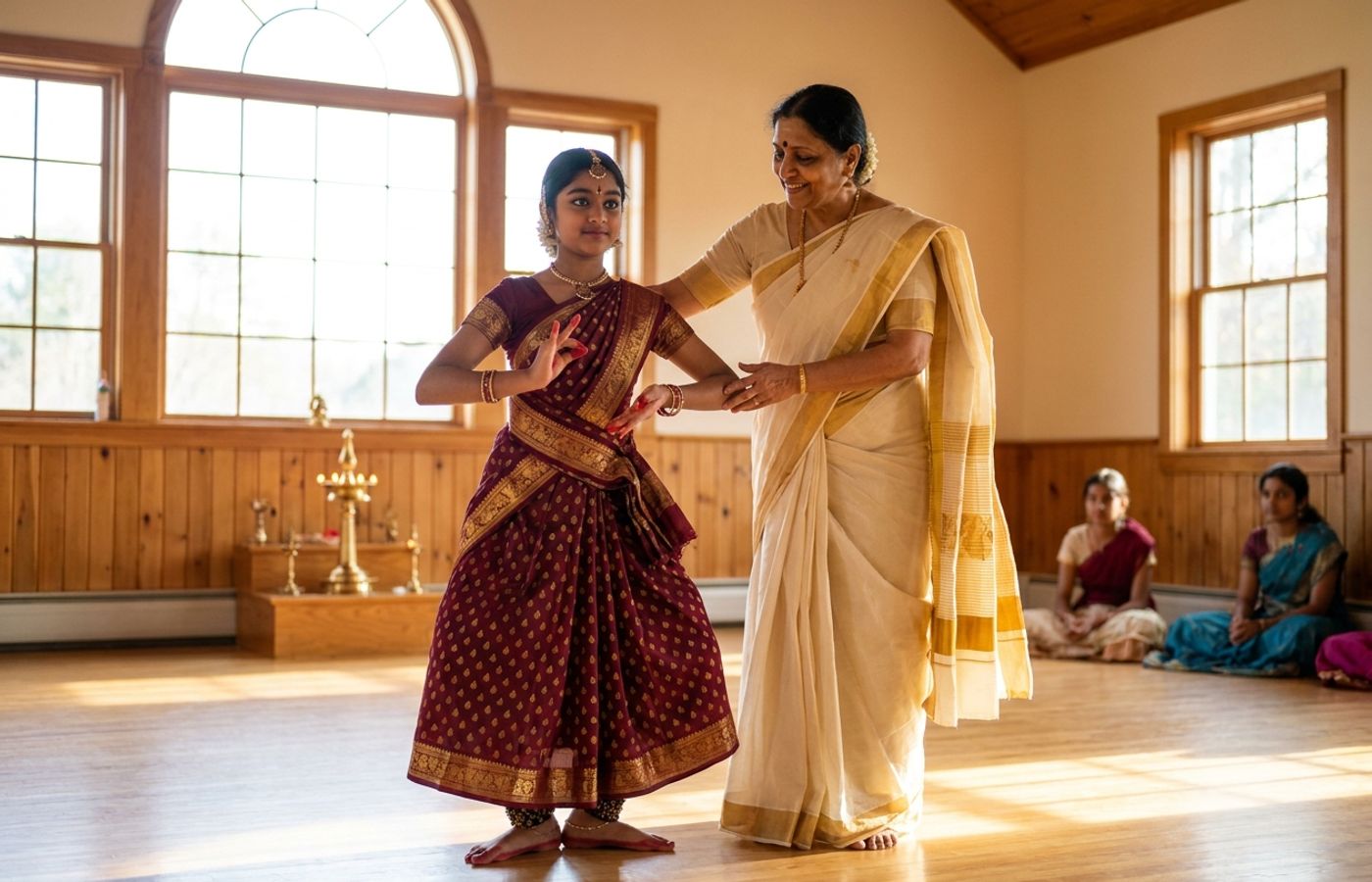 A young Bharatanatyam student holding aramandi in a warm dance studio while her guru looks on encouragingly