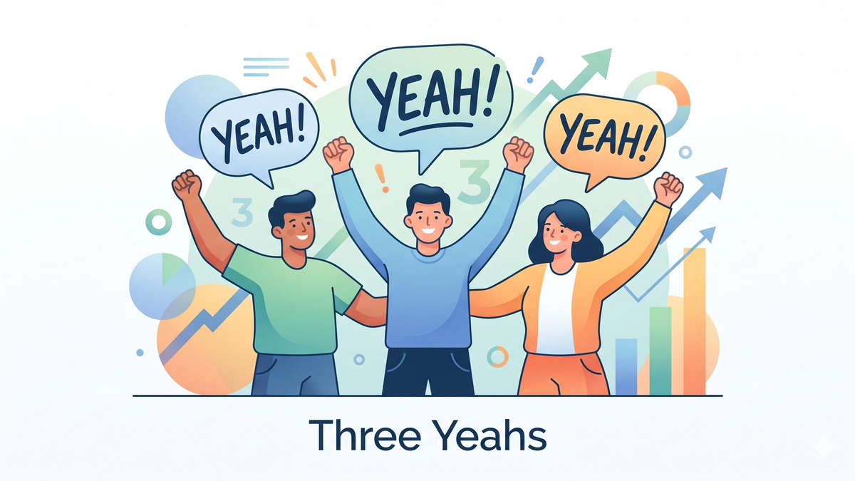 Three smiling founders cheering with raised fists, each with a speech bubble reading 'Yeah!', set against upward-trending growth charts.