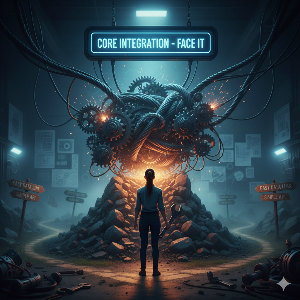 Image show someone facing a tangled mess representing the core integration