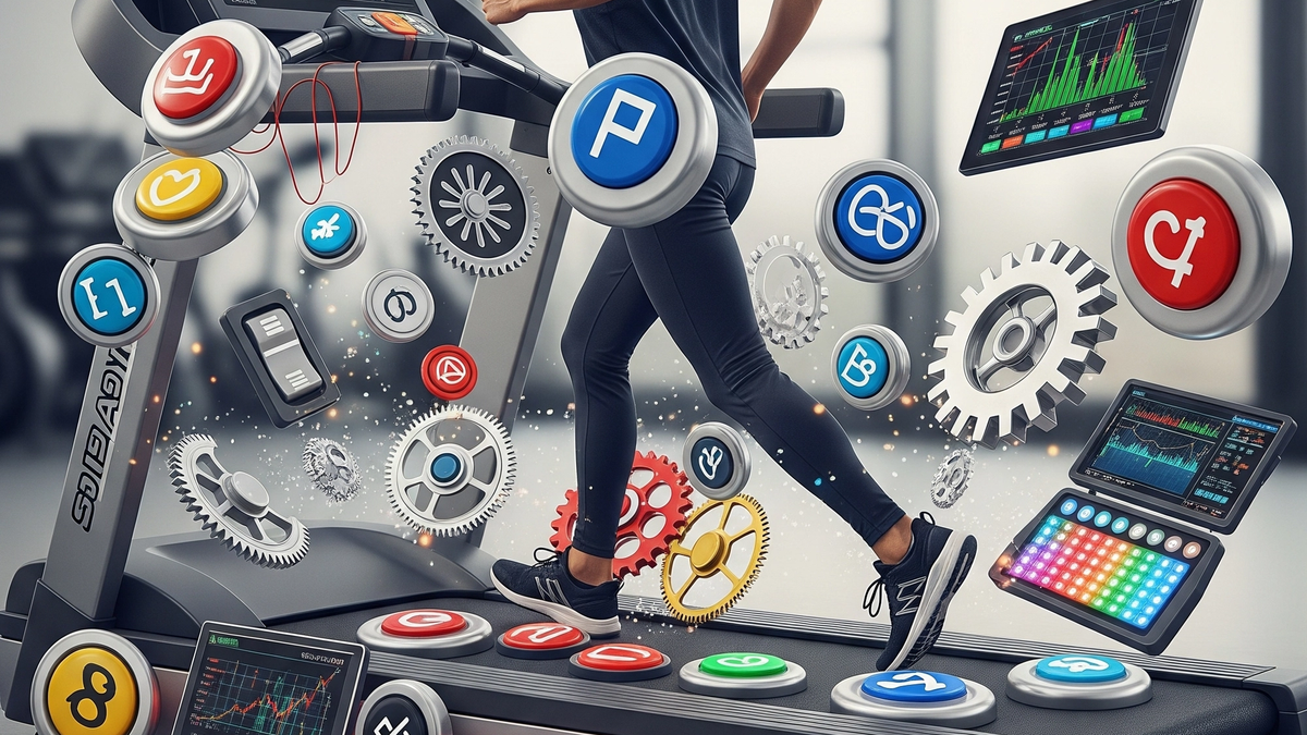 A person running on a treadmill cluttered with gears, buttons, and other product features.