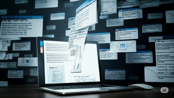 A laptop on a desk with a mouse. The laptop screen is a chaotic scene with multiple overlapping browser windows and email message pop-ups flying out of it, illustrating the overwhelming nature of a disorganized workflow.