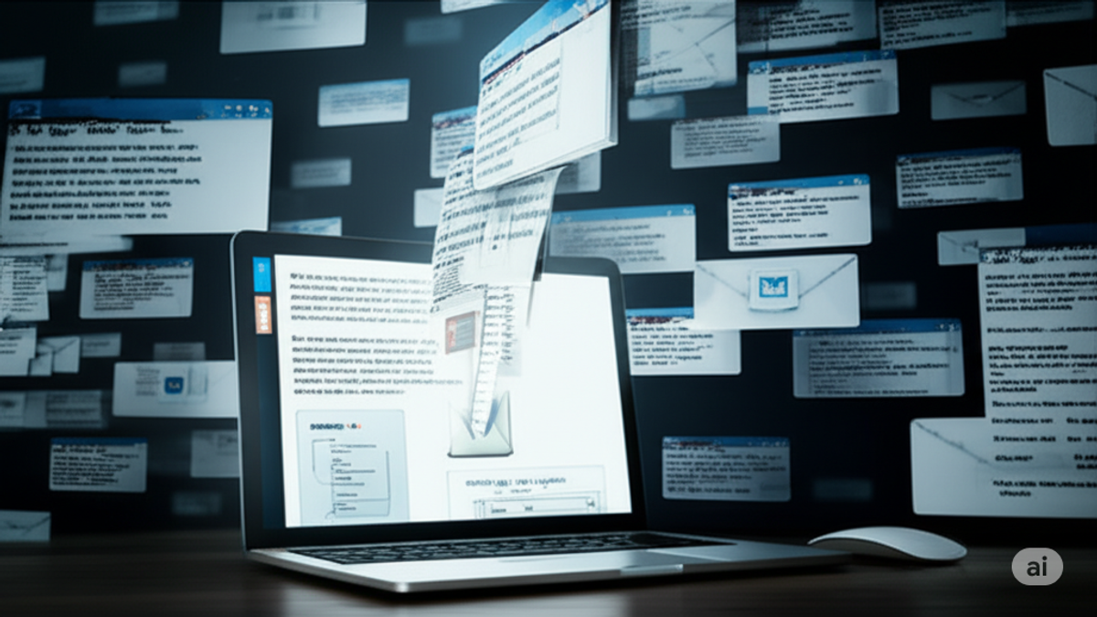 A laptop on a desk with a mouse. The laptop screen is a chaotic scene with multiple overlapping browser windows and email message pop-ups flying out of it, illustrating the overwhelming nature of a disorganized workflow.