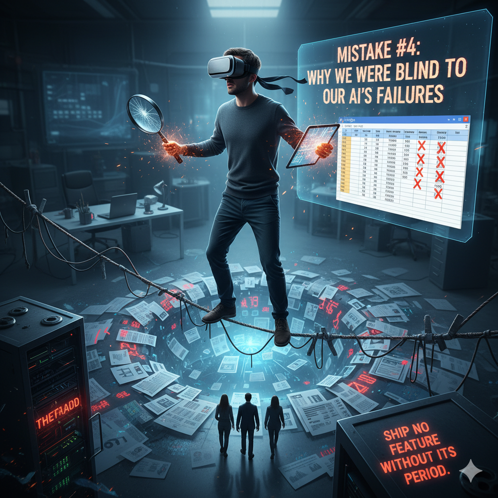 Man standing on tightrope with AR googles on trying to find issues