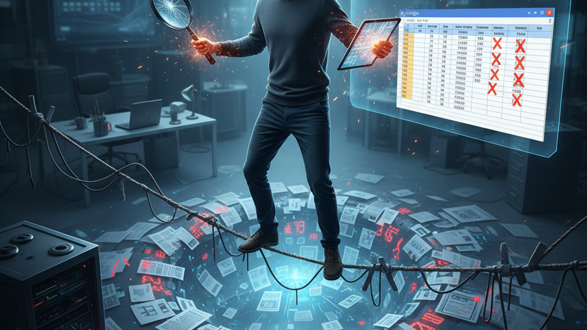 Man standing on tightrope with AR googles on trying to find issues