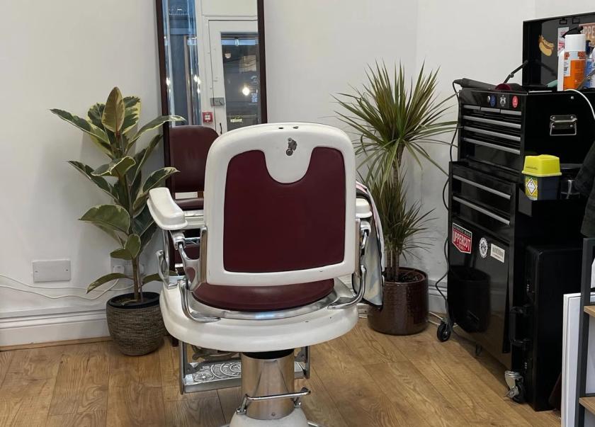 Robin's vintage barber chair in the one-chair room, between two potted plants